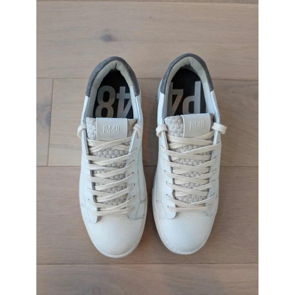 P448 John White Leather Sneakers Gray Suede Low Top US 9/EU 40